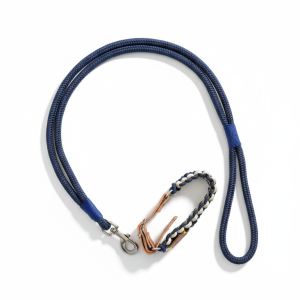 kit passeio pet: guia de corda + coleira trançada azul marinho